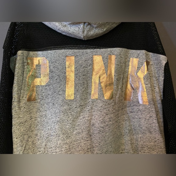 VS PINK FISHNET MESH COLORBLOCK GRAY BLACK HOODIE SWEATSHIRT GOLD SHINE LOGO HTF - Picture 5 of 7